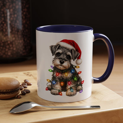 Christmas Puppy Coffee Mug — Schnauzer in Santa Hat with Holiday Lights (11/15oz)