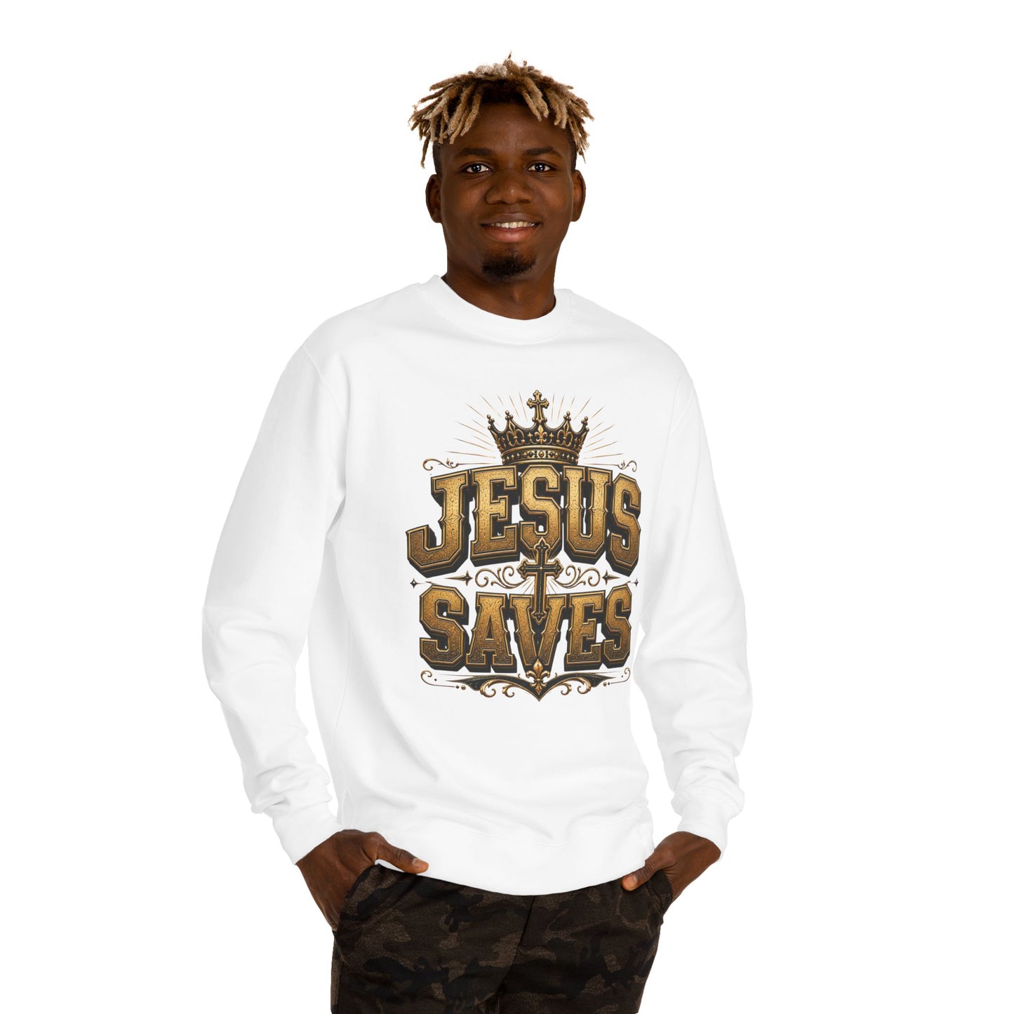 Jesus Saves Sweatshirt — Christian Faith Crewneck with Crown & Cross Design