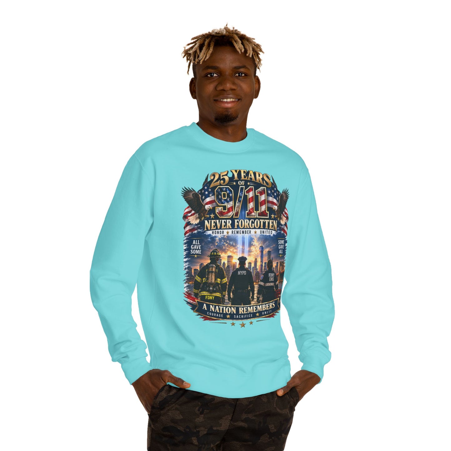 9/11 Never Forgotten Crewneck Sweatshirt — 25 Years Memorial Tribute