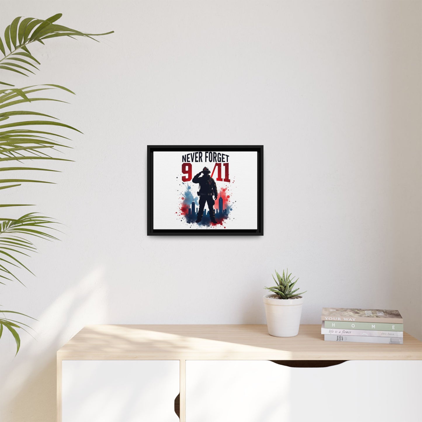 Never Forget 9/11 Framed Canvas Print — Patriotic Firefighter Memorial Art