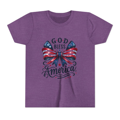 Youth Tee — "God Bless America" Patriotic Bow T-Shirt (4th of July, Memorial Day)
