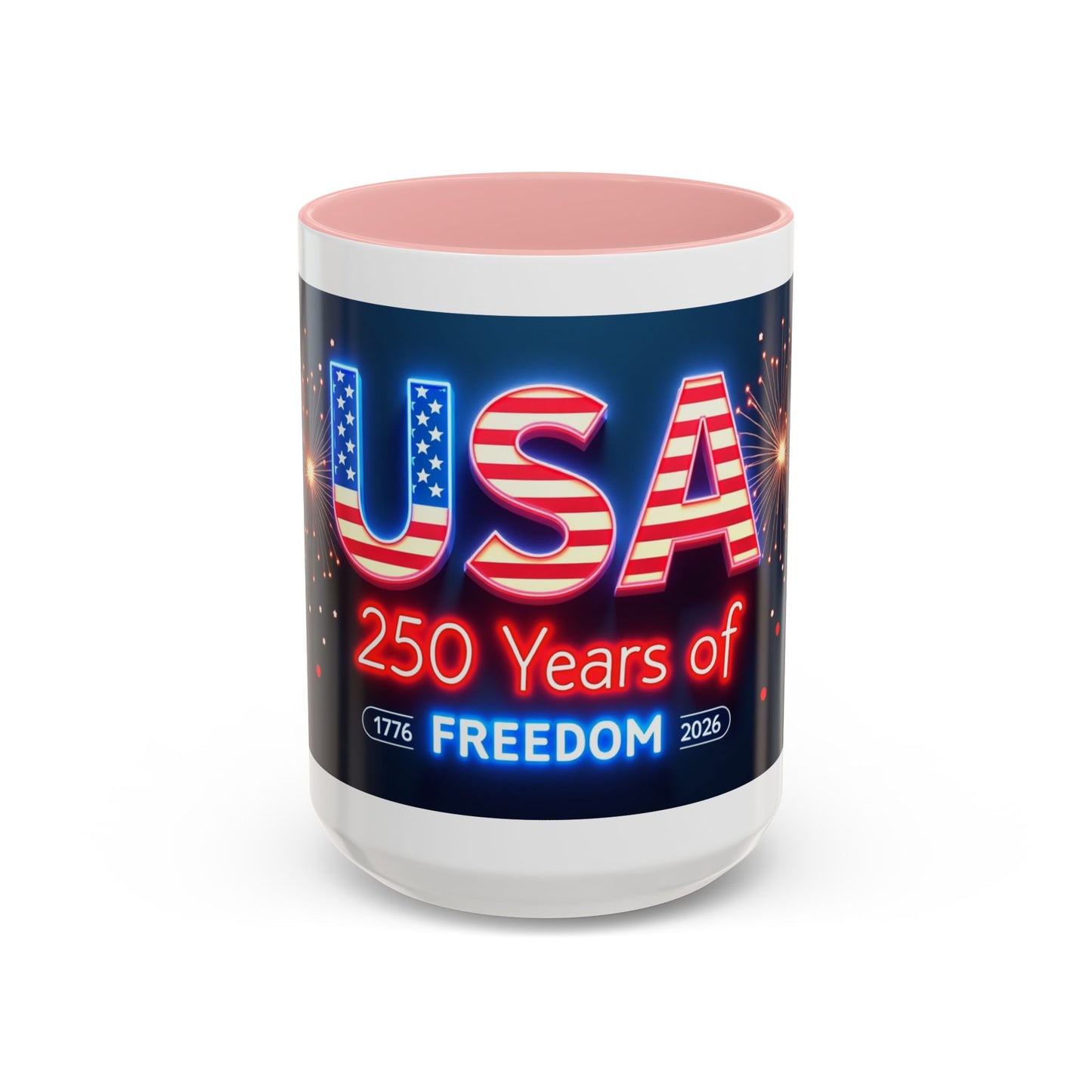 USA 250 Years of Freedom Accent Coffee Mug — Patriotic 1776–2026 Fireworks Design (11/15oz)