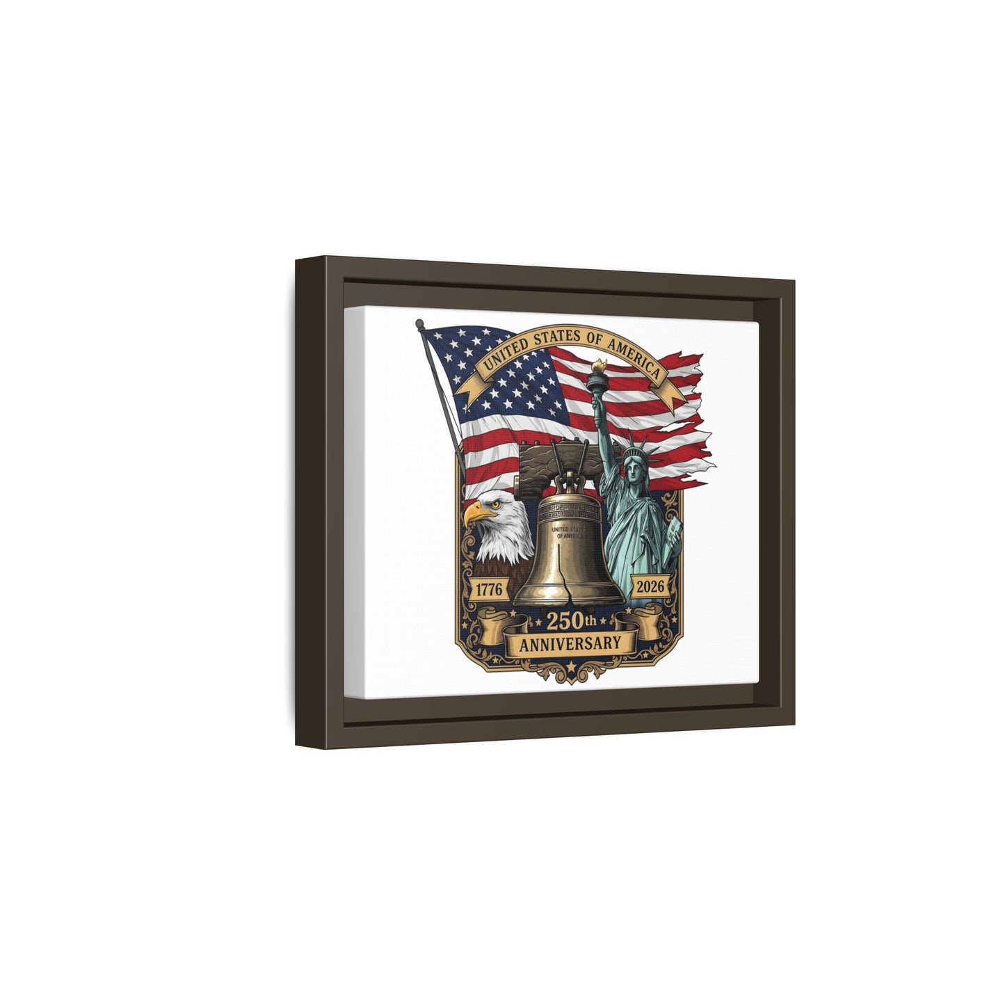 Liberty 250th Anniversary Framed Canvas Print — American Flag, Statue of Liberty & Liberty Bell Art