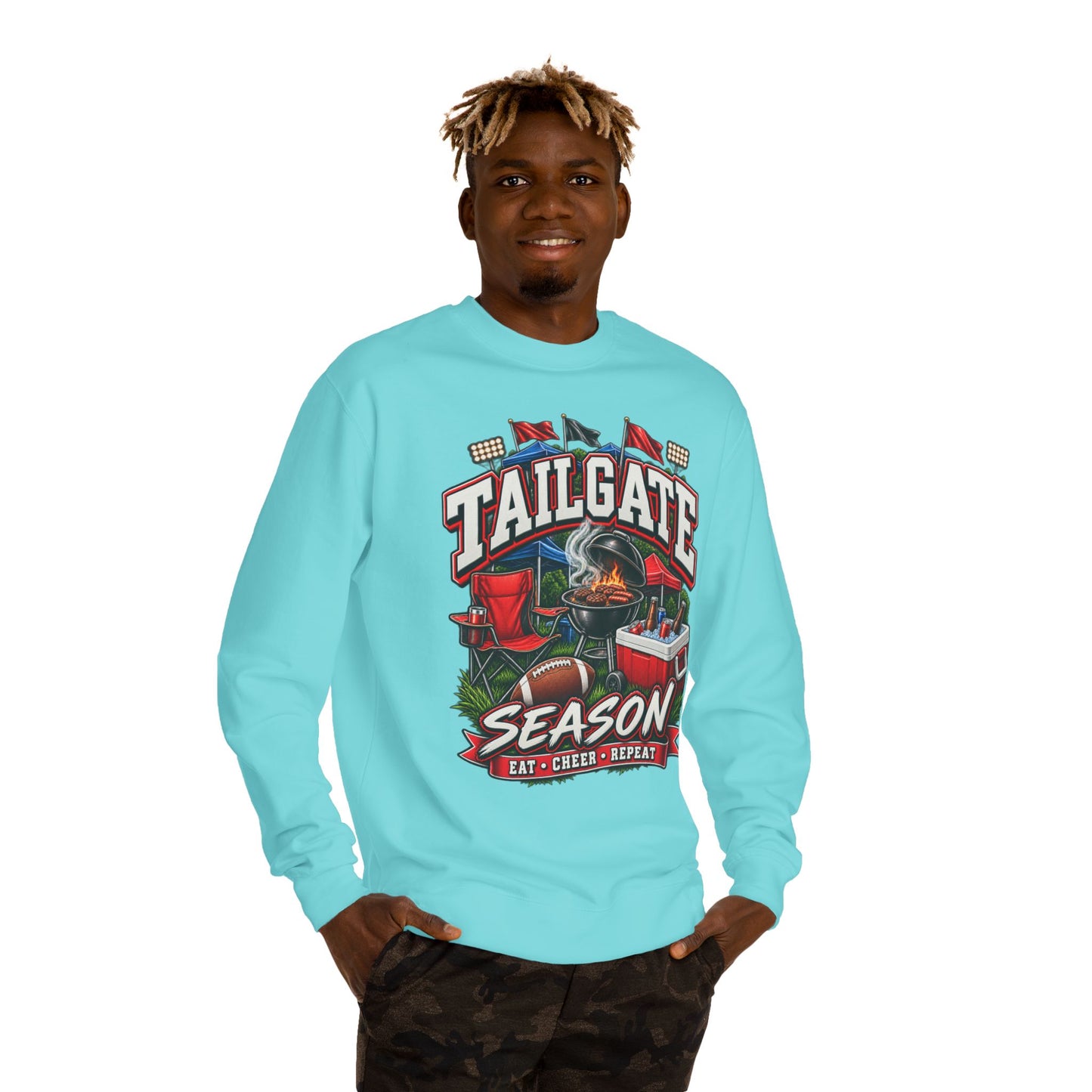 Tailgate Season Sweatshirt — "Eat • Cheer • Repeat" Football Tailgating Crewneck