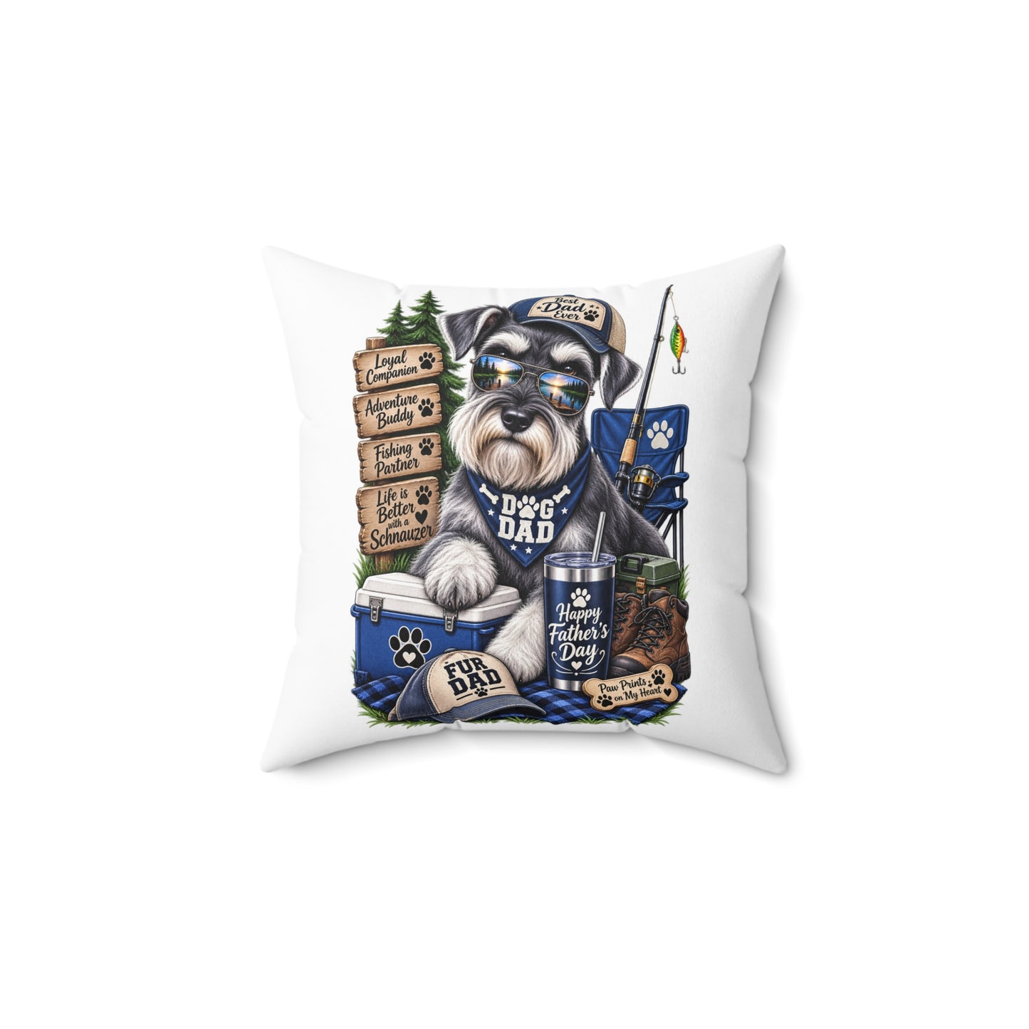 Dog Dad Fishing Schnauzer Pillow - Outdoor Camper Pet Lover Accent Pillow