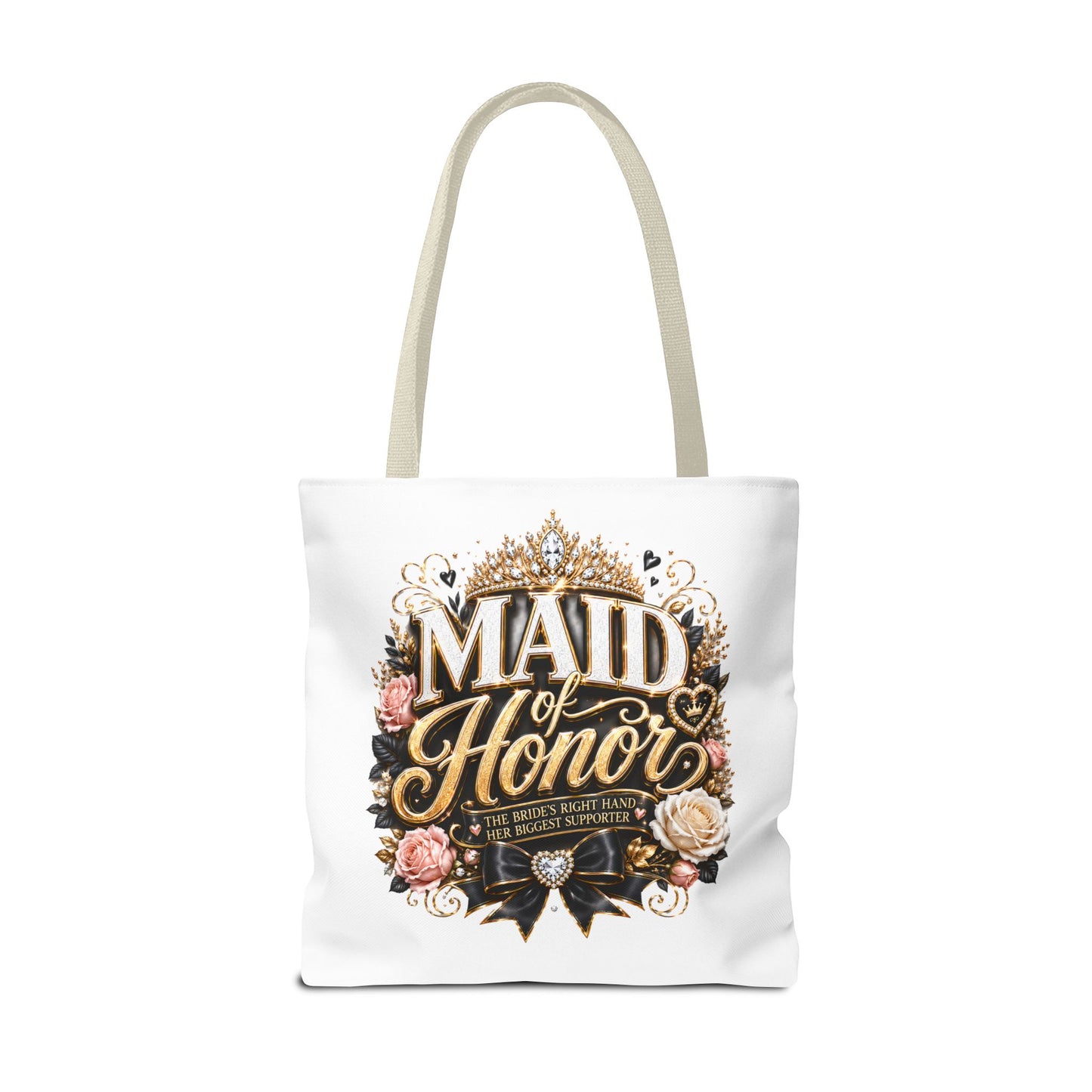 Maid of Honor Tote Bag — Elegant Bridal Party Gift with Gold Crown Floral Design