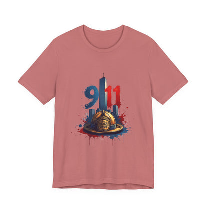 9/11 Firefighter Memorial Tee — Tribute T-Shirt with Helmet & Twin Towers Design