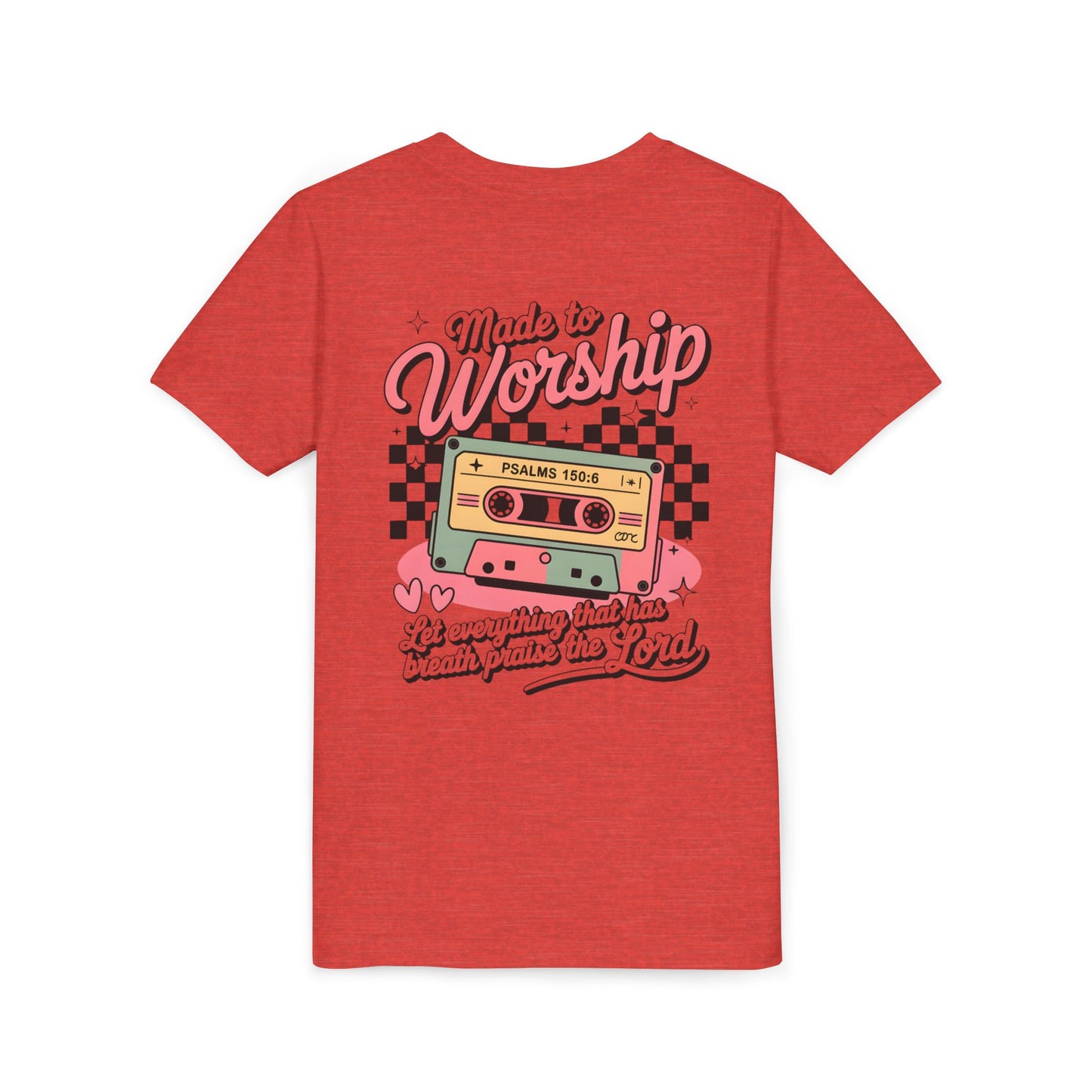 Made to Worship Youth Tee – Retro Cassette Christian Kids Shirt (Psalms 100:4)