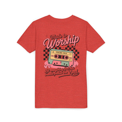 Made to Worship Youth Tee – Retro Cassette Christian Kids Shirt (Psalms 100:4)