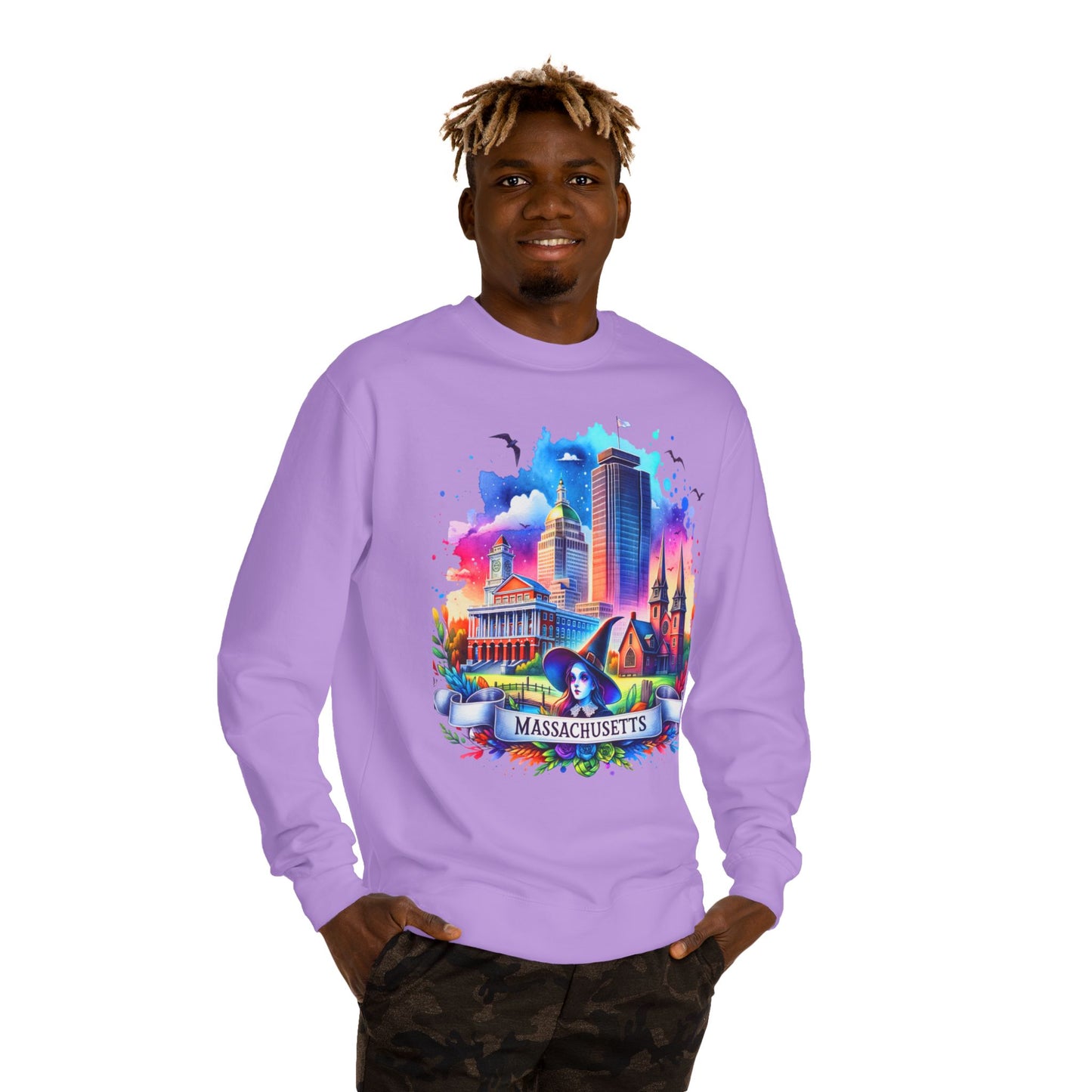 Massachusetts Skyline Crewneck Sweatshirt — Colorful Boston Landmark Graphic