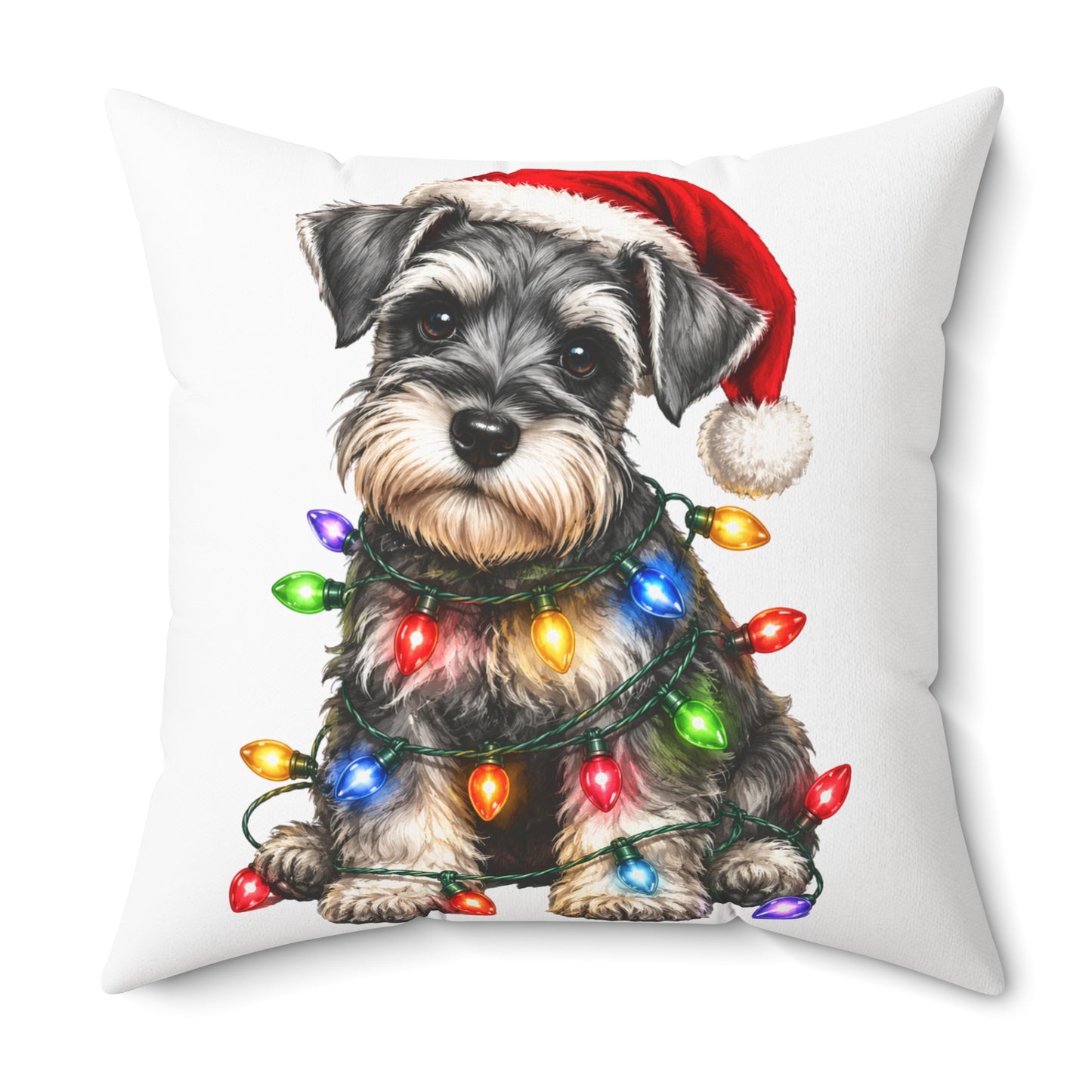Schnauzer Puppy Christmas Pillow — Festive Dog with Santa Hat & Holiday Lights
