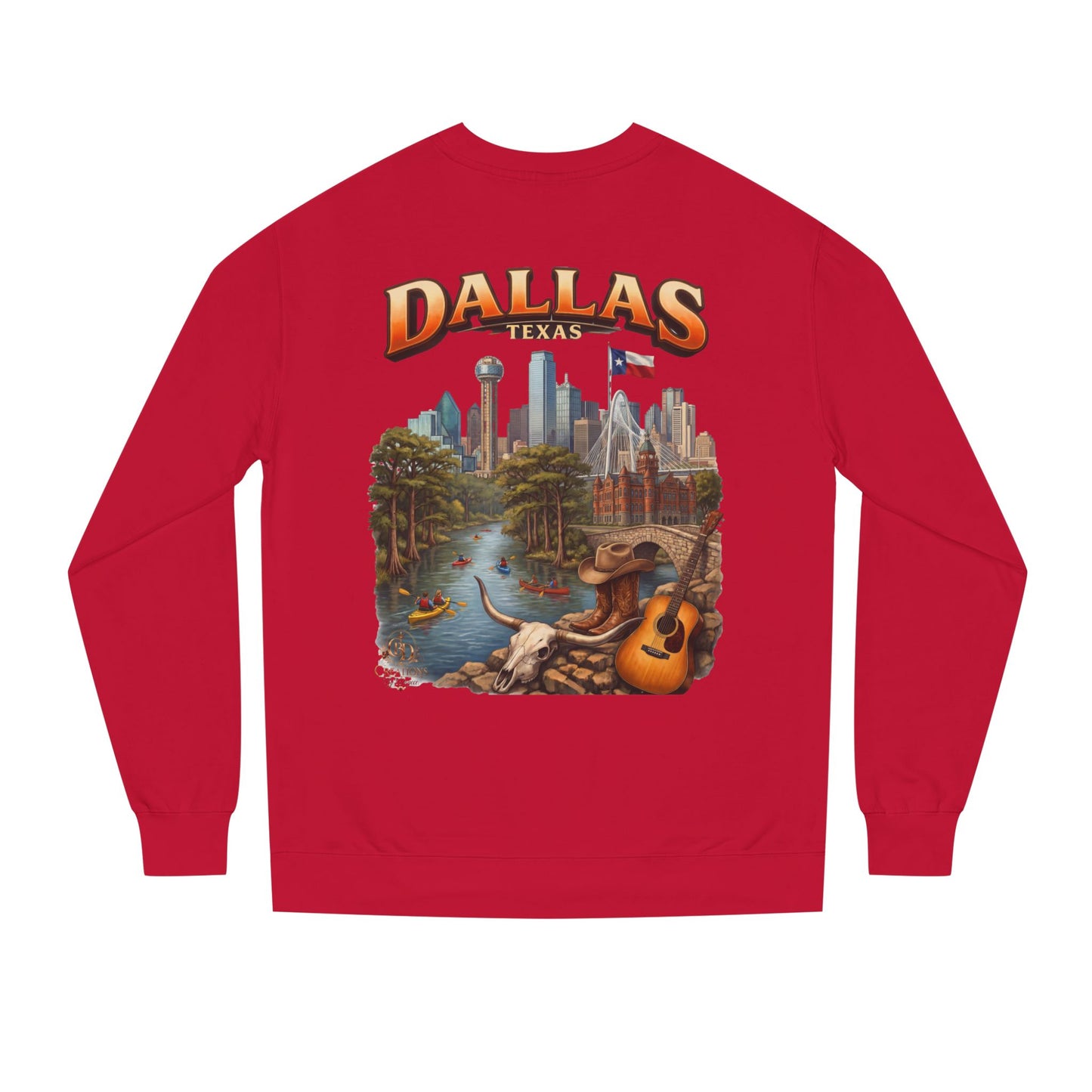 Dallas Skyline Crewneck Sweatshirt — Texas Cityscape & Acoustic Guitar Design