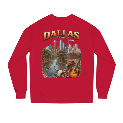 Dallas Skyline Crewneck Sweatshirt — Texas Cityscape & Acoustic Guitar Design