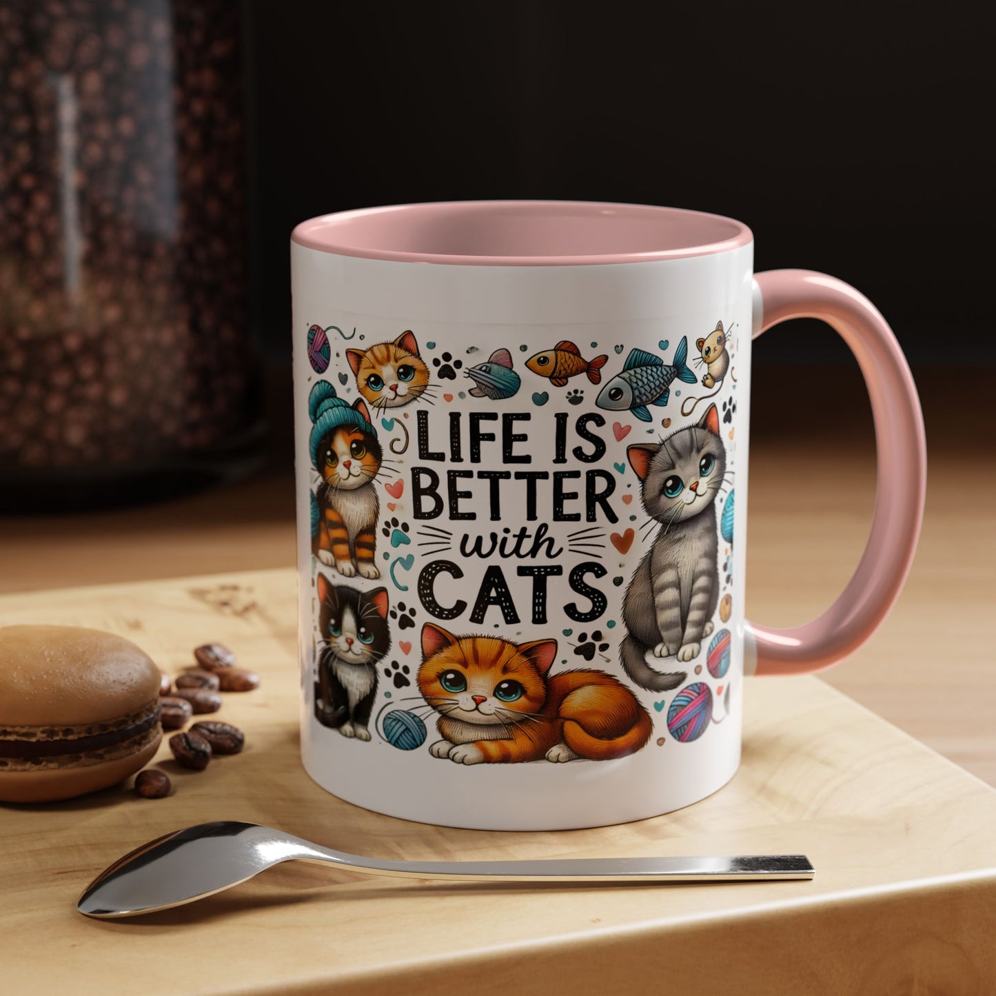 Life Is Better With Cats Accent Coffee Mug – Cute Kitten Ceramic Tea Cup (11/15oz)