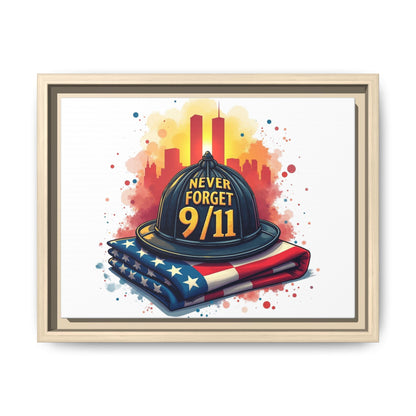 Never Forget 9/11 Framed Canvas Print — Firefighter Helmet & American Flag Memorial Art