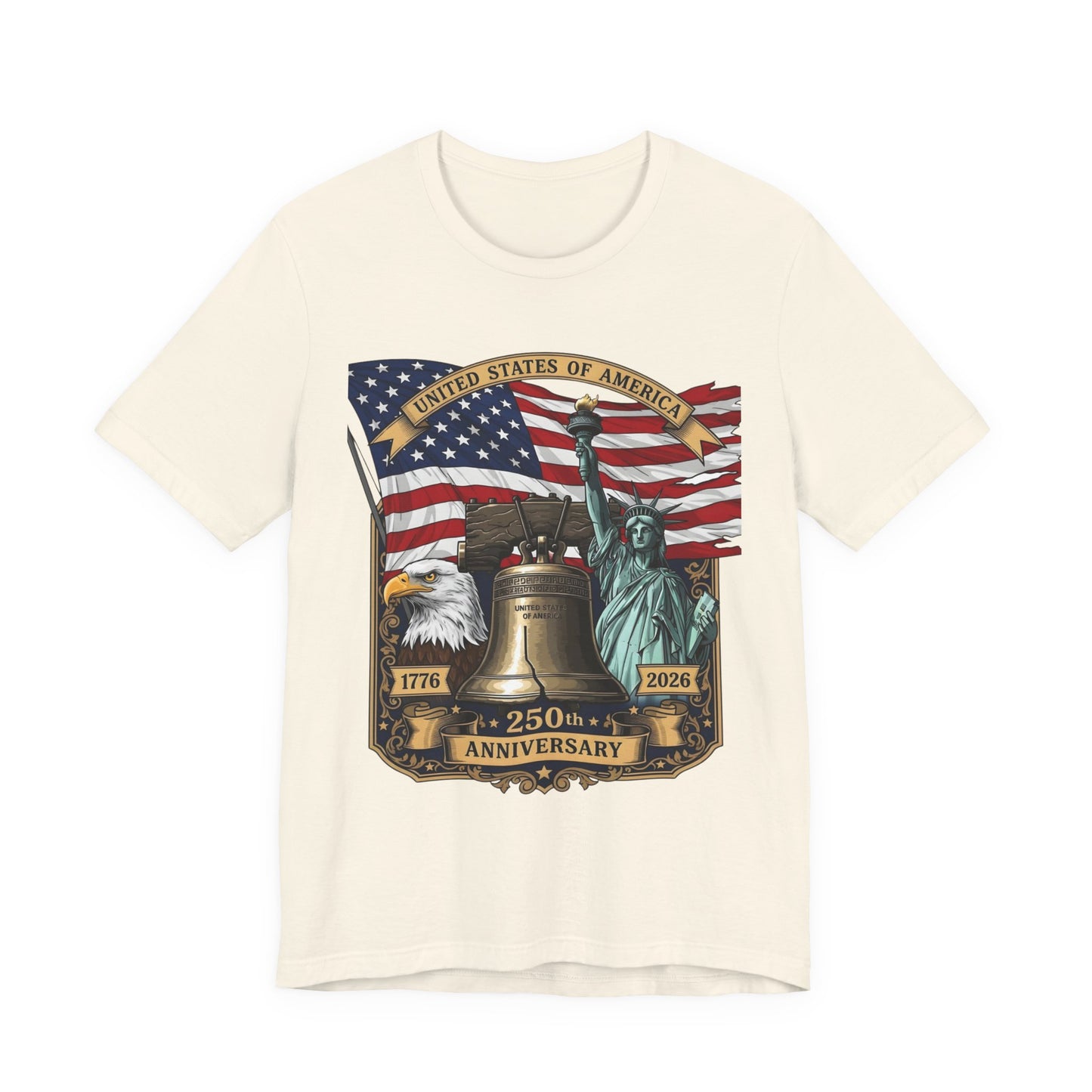 Patriotic 250th Anniversary T-Shirt - Liberty Bell, Bald Eagle & Statue of Liberty