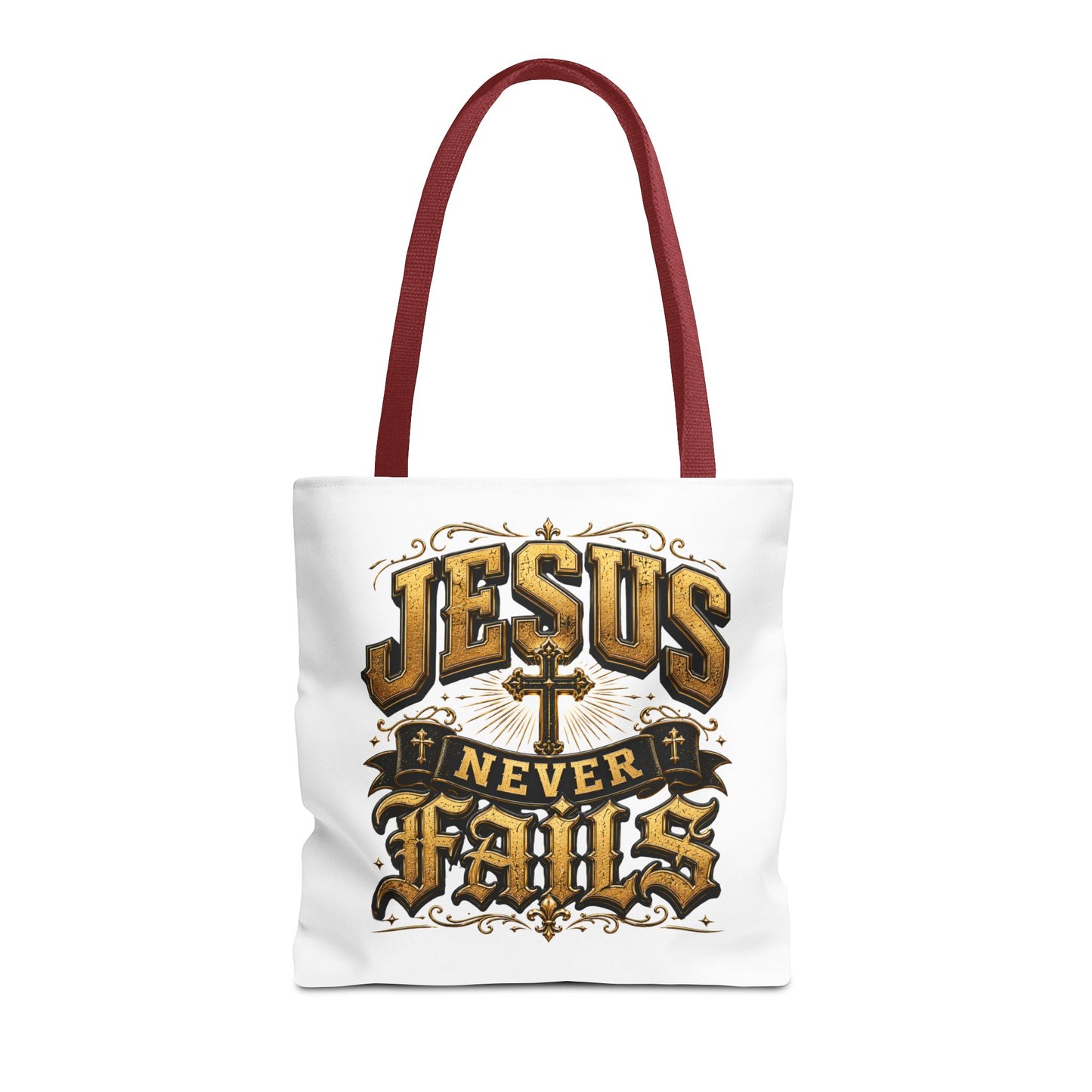 Jesus Never Fails Tote Bag — Christian Faith AOP Canvas Tote