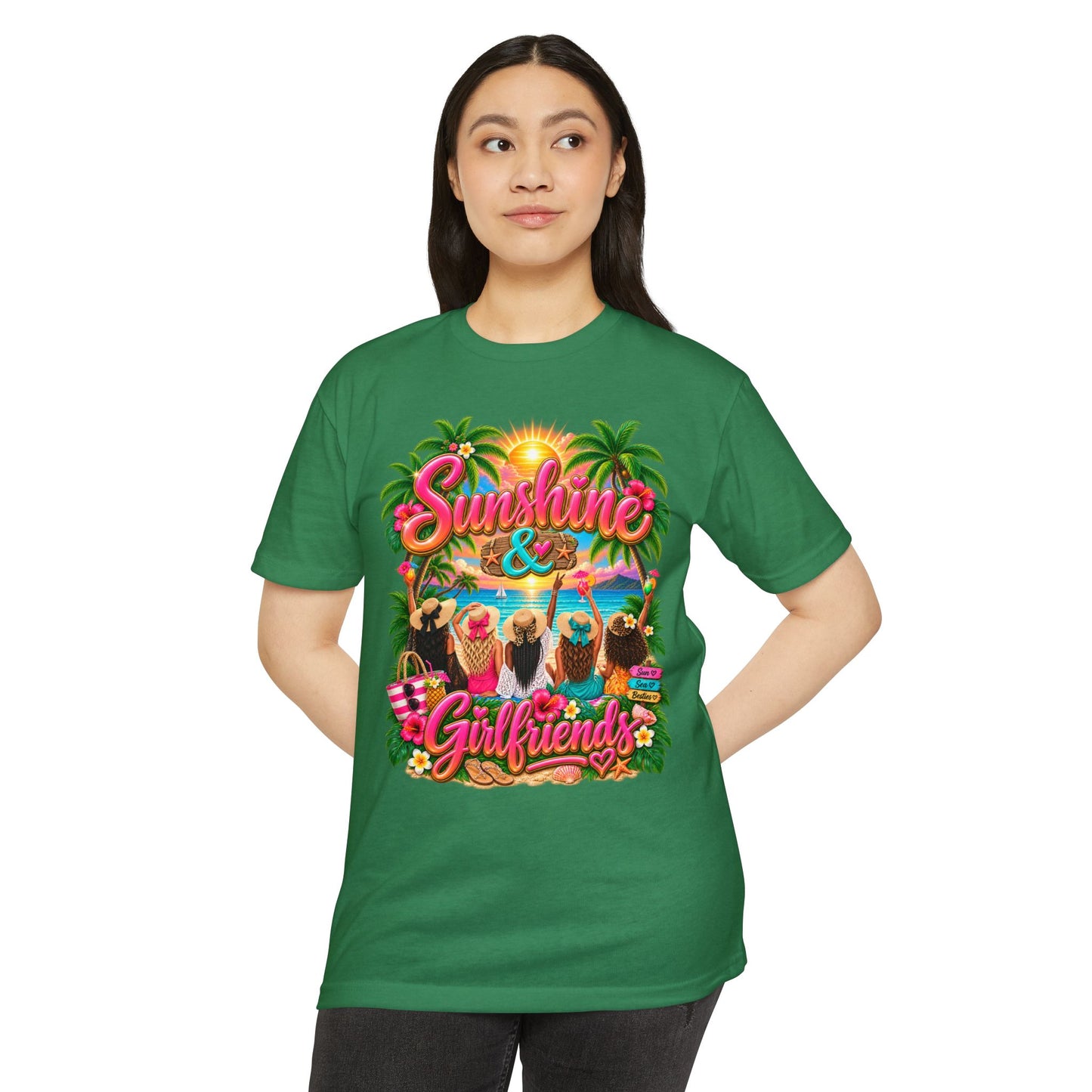 Sunshine & Girlfriends Beach T-Shirt — Tropical Vacation Tee for Friends