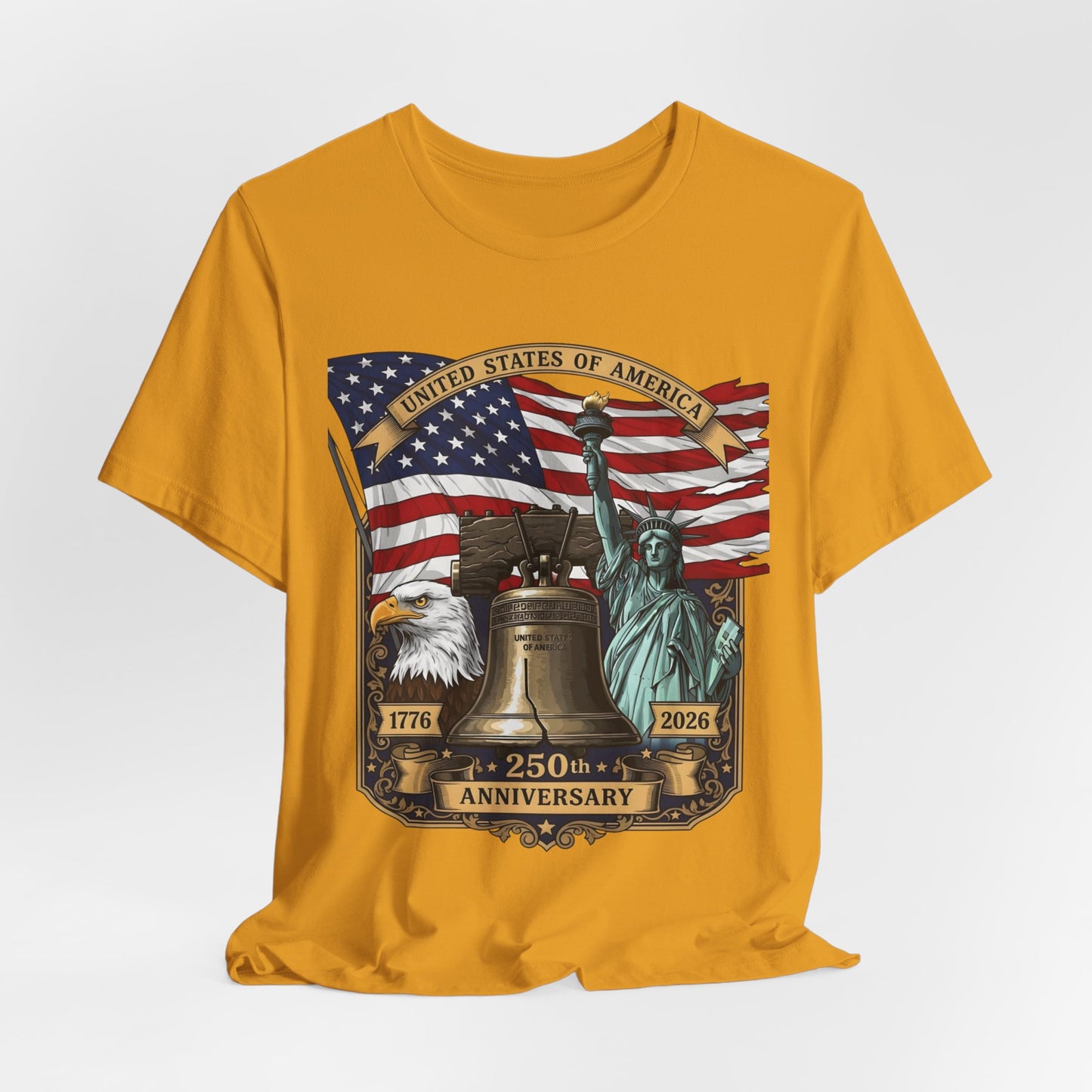 Patriotic 250th Anniversary T-Shirt - Liberty Bell, Bald Eagle & Statue of Liberty