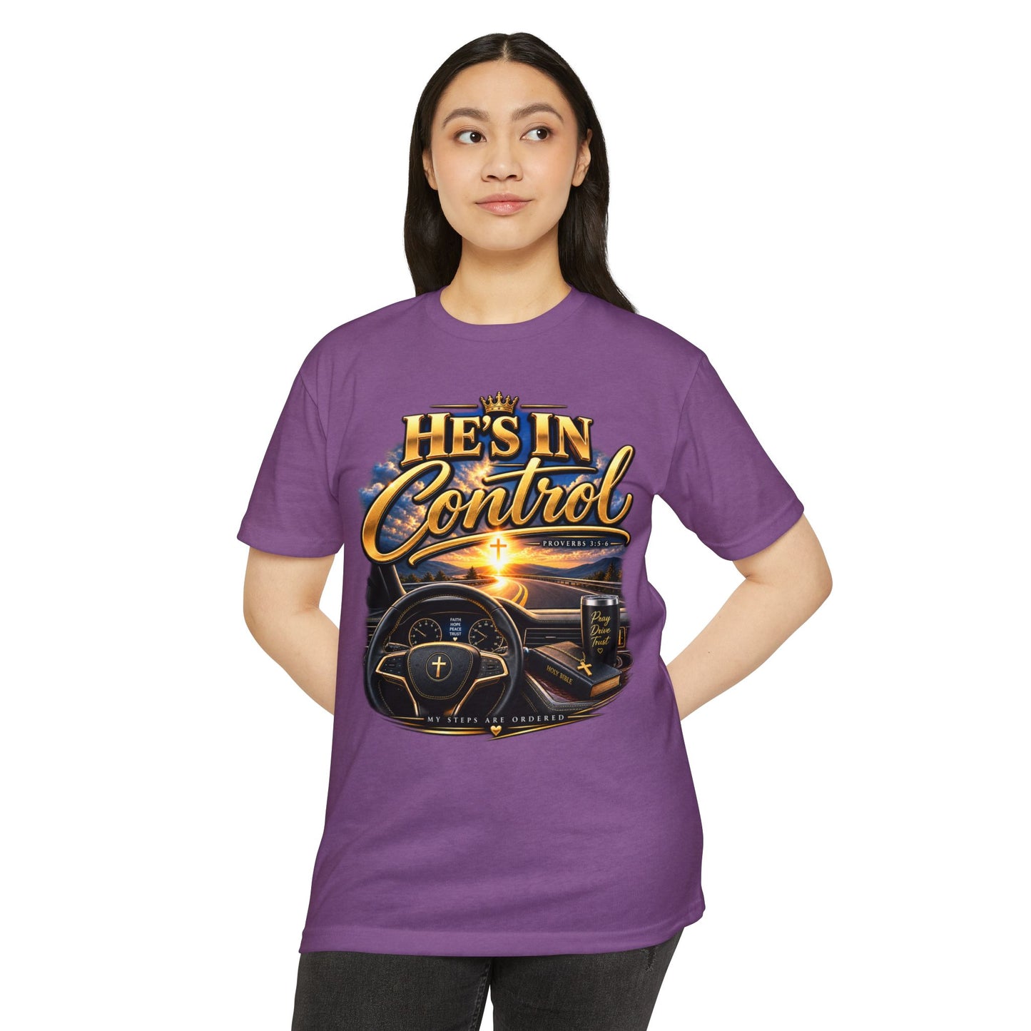 He's In Control T-Shirt — Christian Faith Car Steering Design