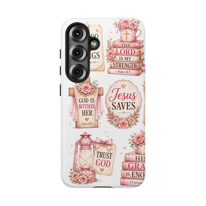 Christian Phone Case — Jesus Saves Floral Tough Case with 'God Is Within Her' & 'Trust God' Design