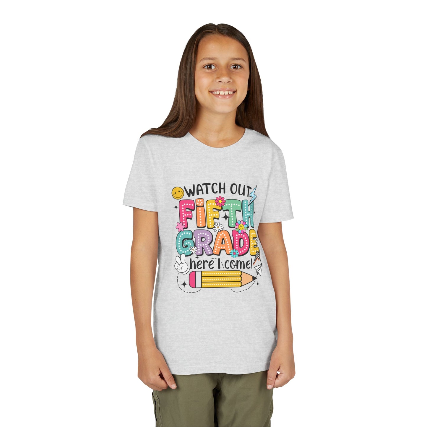Fifth Grade Here I Come Youth Tee — Colorful Back-to-School Kids Shirt