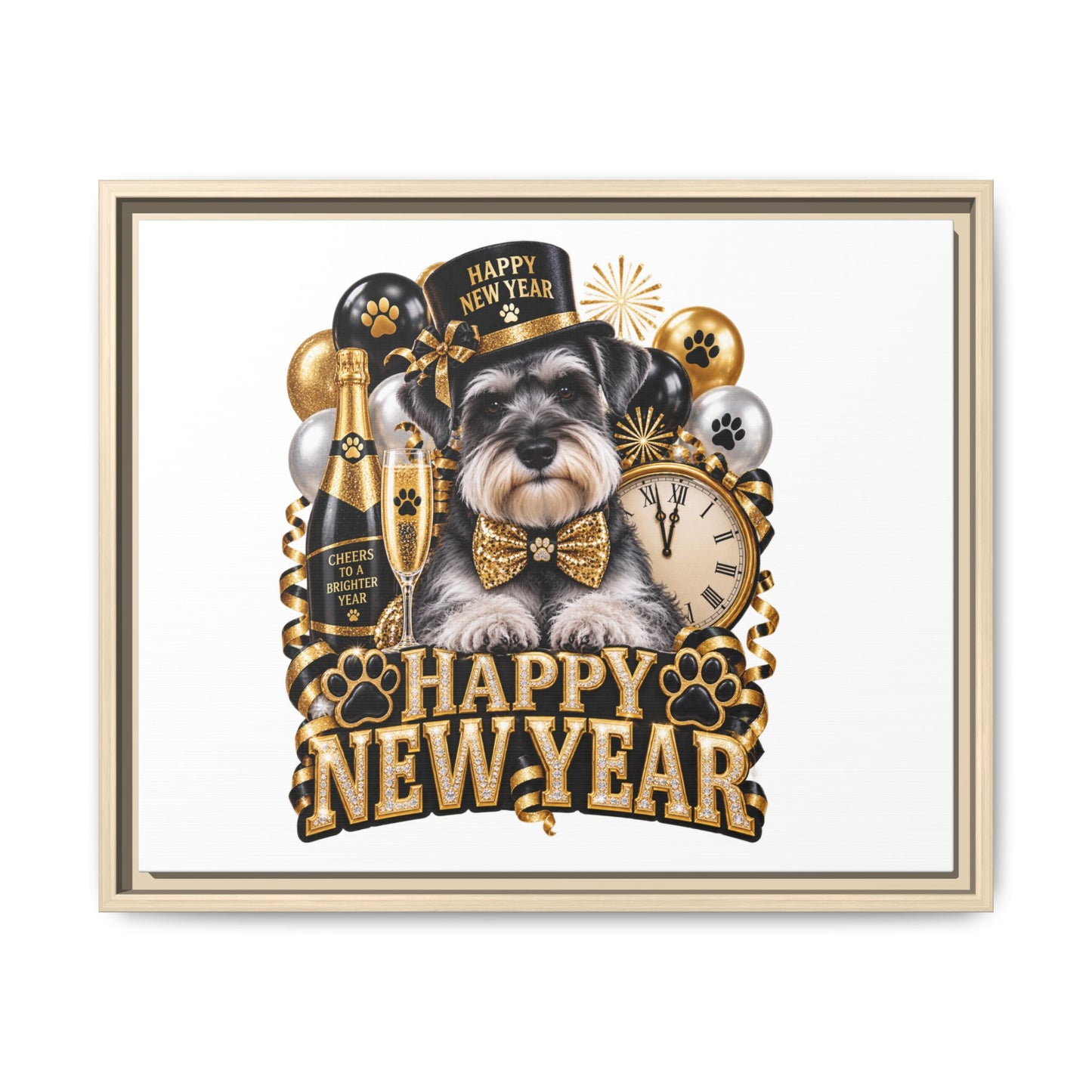 Happy New Year Schnauzer Matte Canvas Framed Art