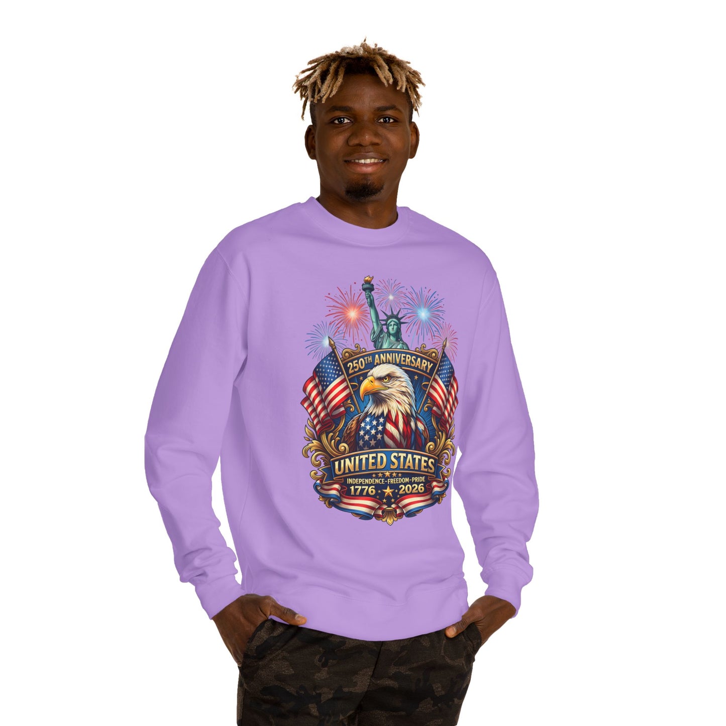250th Anniversary United States Sweatshirt — Patriotic Eagle, Flags & Fireworks (1776–2026)