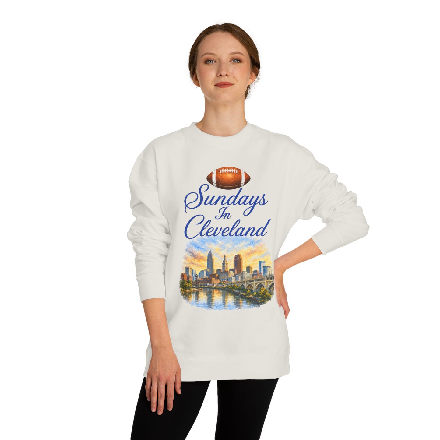 Sundays in Cleveland Football Crewneck Sweatshirt — Cleveland Skyline Game Day Pullover