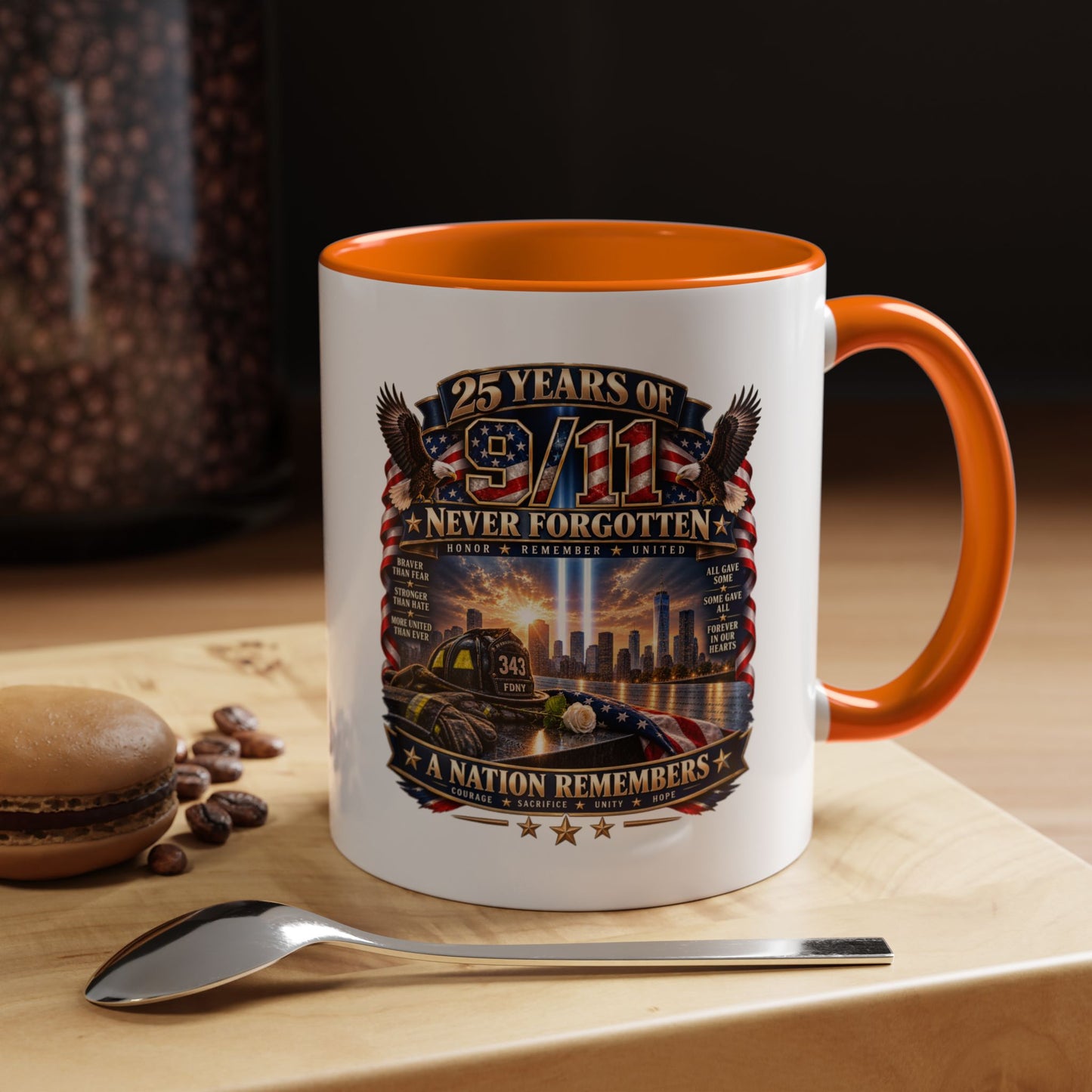 9/11 Memorial Coffee Mug — "25 Years of Never Forgotten" Patriot Tribute