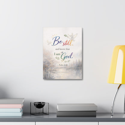 Be Still Psalm 46:10 Stretched Canvas Wall Art — Inspirational Christian Decor with Dove and Tranquil Landscape