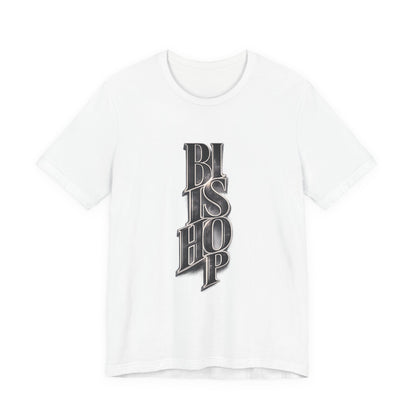 Bishop Vertical Script Tee — Vintage Gothic Lettering T-Shirt