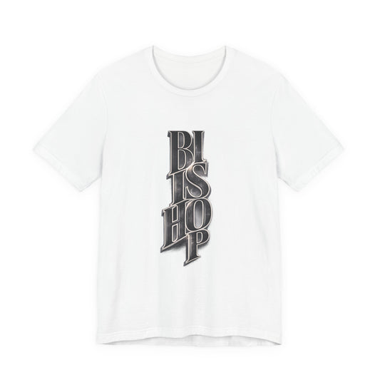 Bishop Vertical Script Tee — Vintage Gothic Lettering T-Shirt