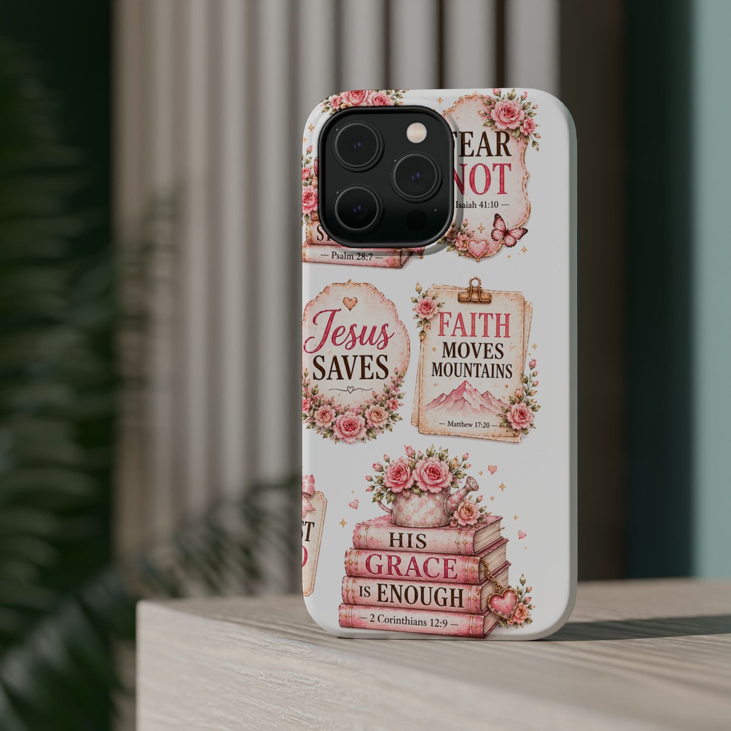 Christian Phone Case - "Fear Not, Faith Moves Mountains, Jesus Saves" Floral Magnetic Impact-Resistant Case