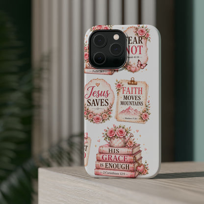 Christian Phone Case - "Fear Not, Faith Moves Mountains, Jesus Saves" Floral Magnetic Impact-Resistant Case