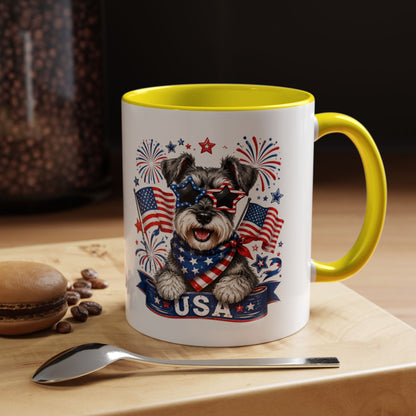 Patriotic Schnauzer Coffee Mug – USA Flag, Fireworks Accent Mug (11/15oz)