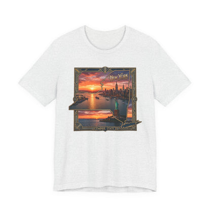 New York Sunset Skyline Tee — Statue of Liberty Vintage Travel T‑Shirt