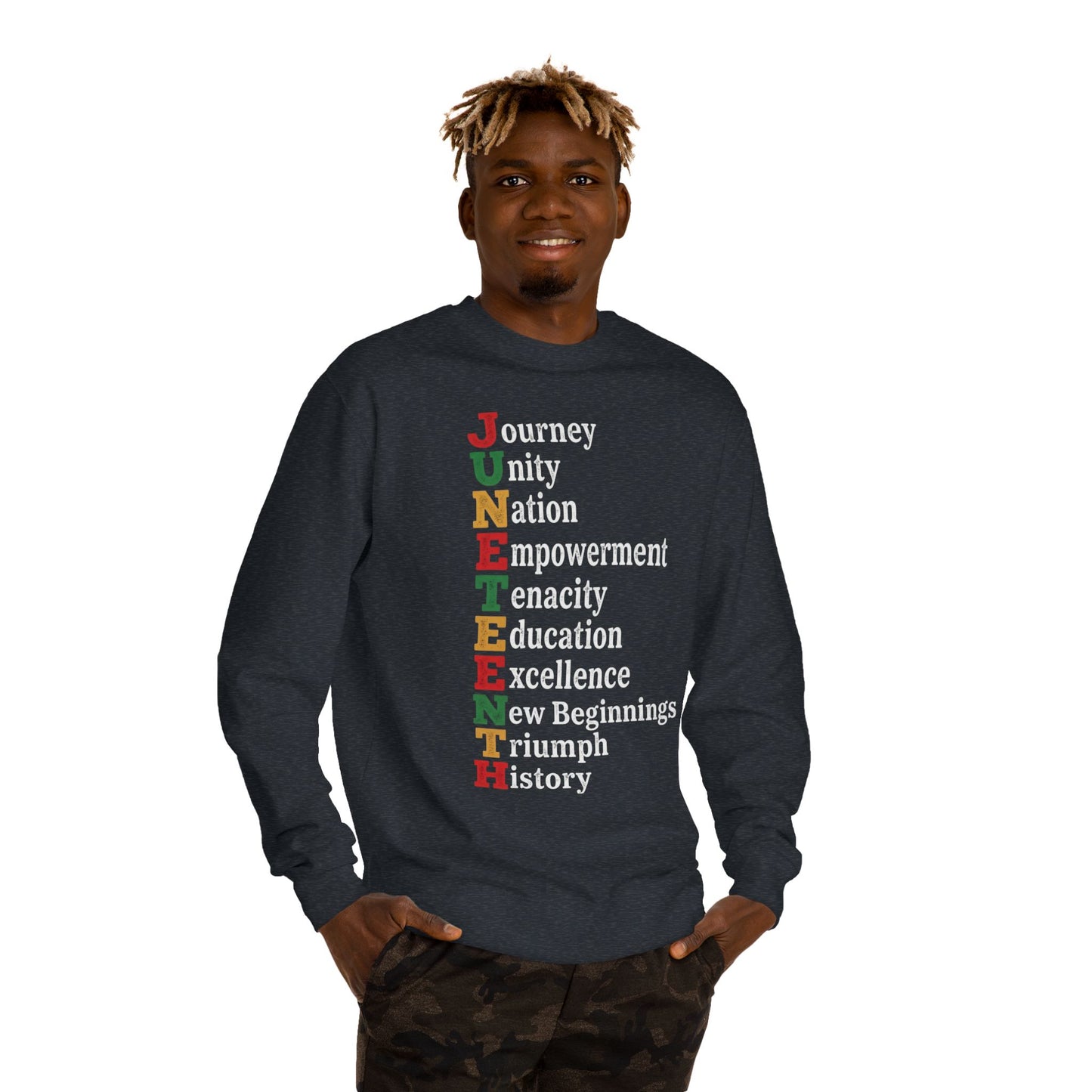 Juneteenth Crewneck Sweatshirt — "JUNETEENTH" Acrostic: Journey, Unity, Nation, Empowerment