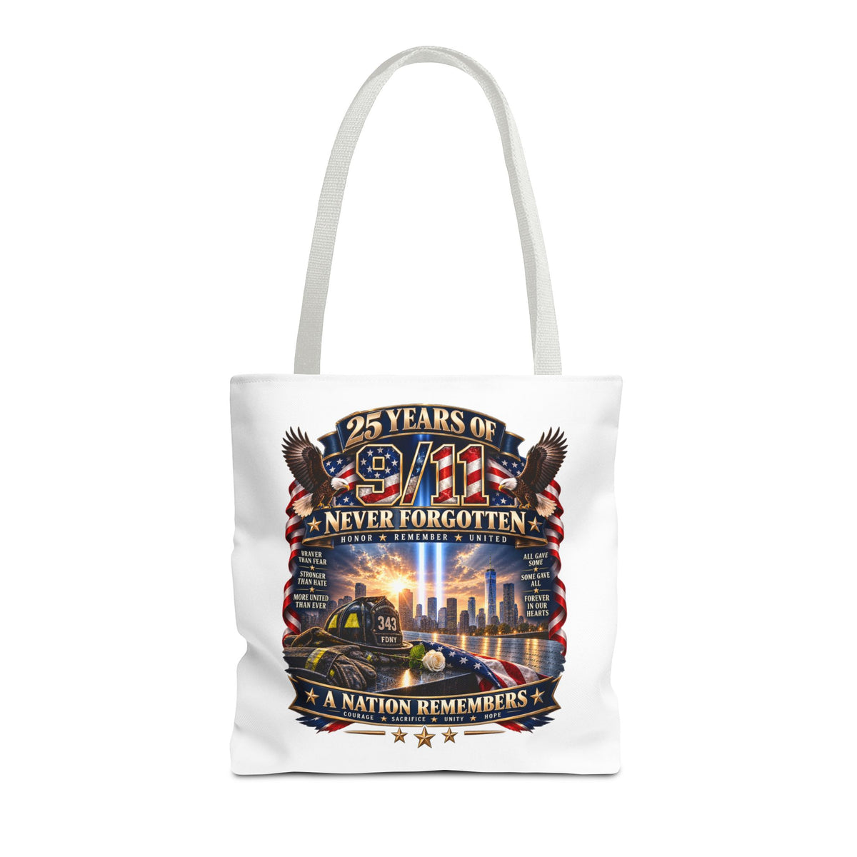 25 Years of 9/11 Never Forgotten Tote Bag – Memorial Tribute AOP