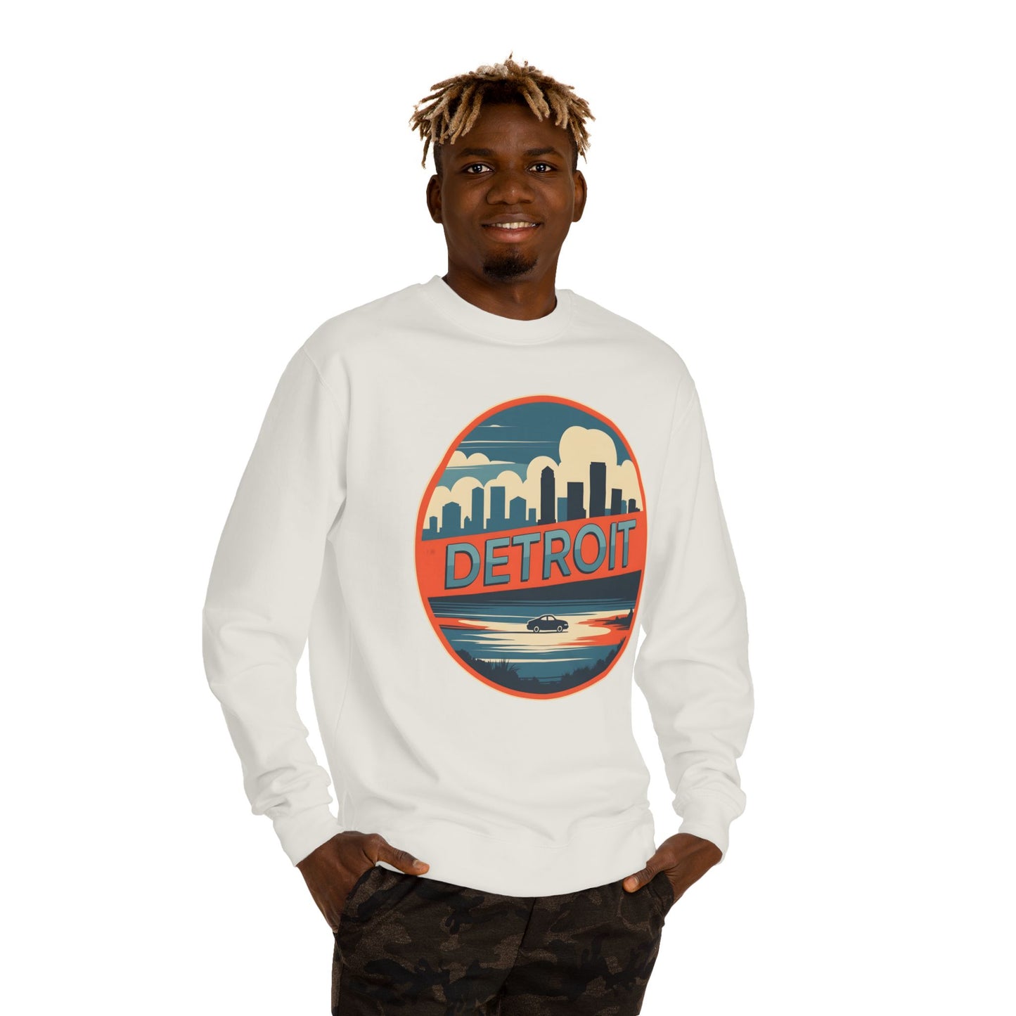 Detroit Skyline Crewneck Sweatshirt — Retro Sunset City Graphic