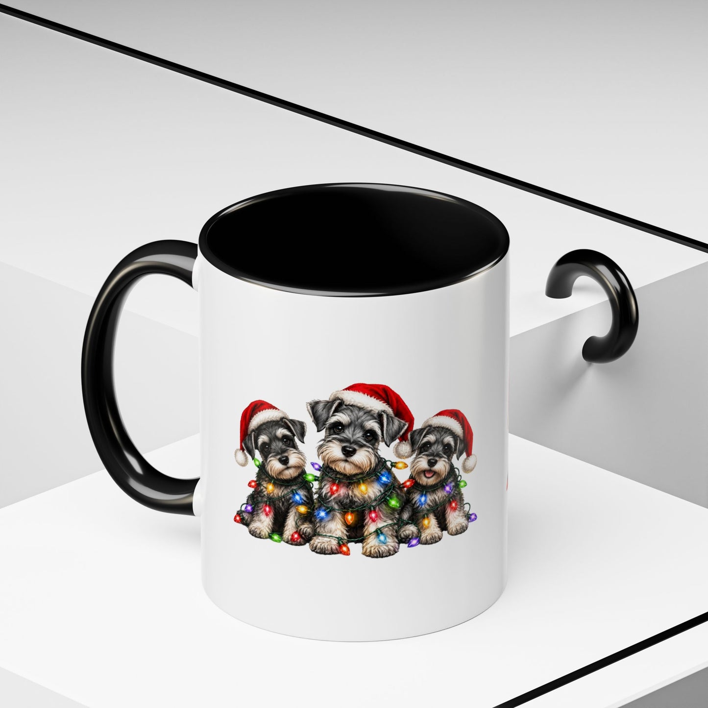 Christmas Puppy Coffee Mug — Cute Schnauzer Trio with Santa Hats & Holiday Lights (11/15oz)