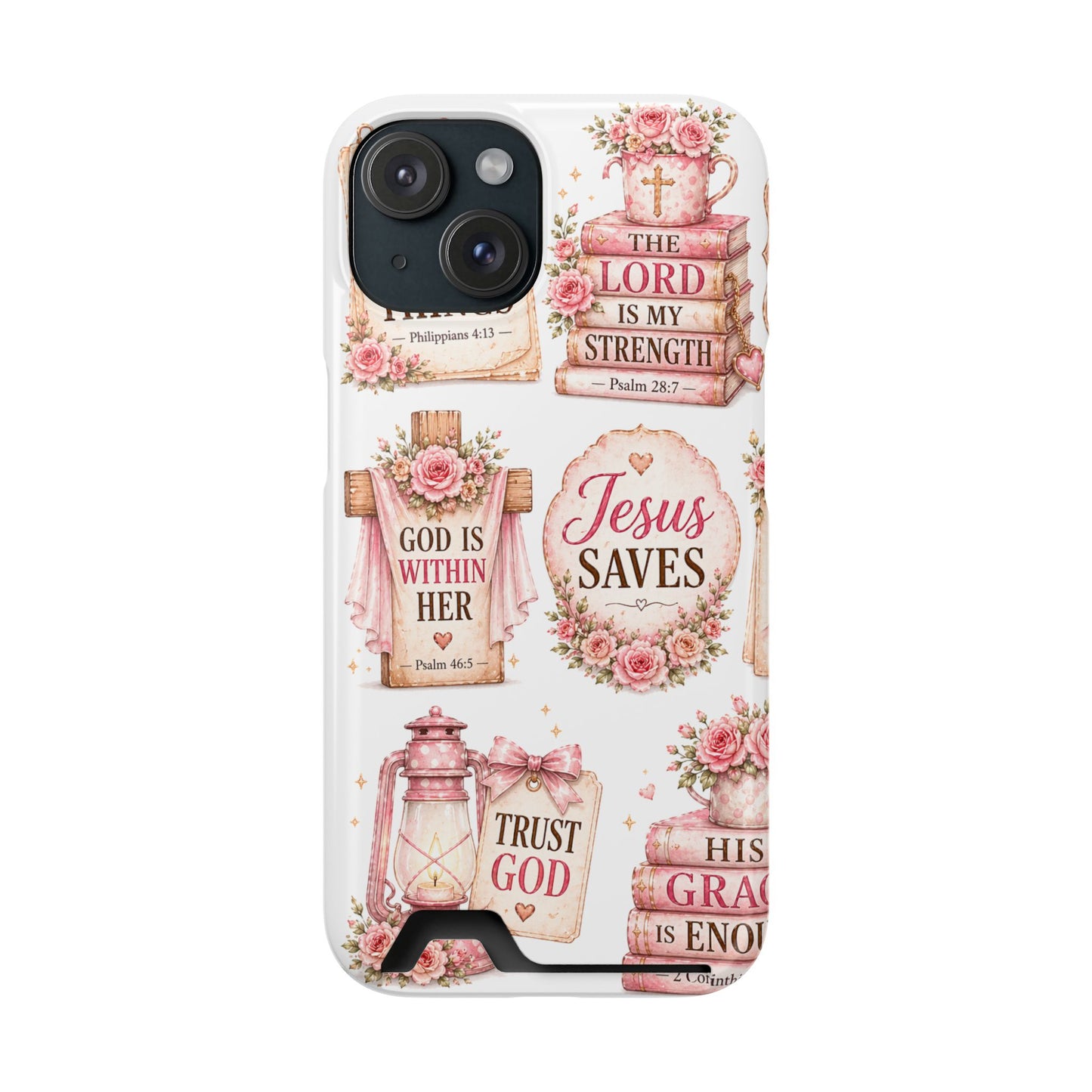 Christian Floral Phone Case with Card Holder — 'Jesus Saves' Inspirational Design