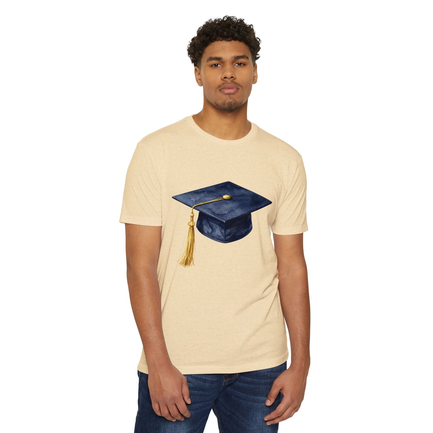 Graduation Cap T-Shirt — Navy Mortarboard with Gold Tassel