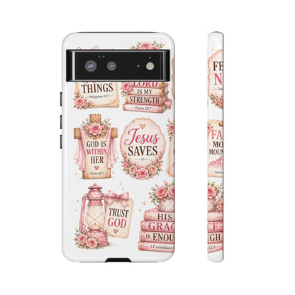 Christian Phone Case — Jesus Saves Floral Tough Case with 'God Is Within Her' & 'Trust God' Design