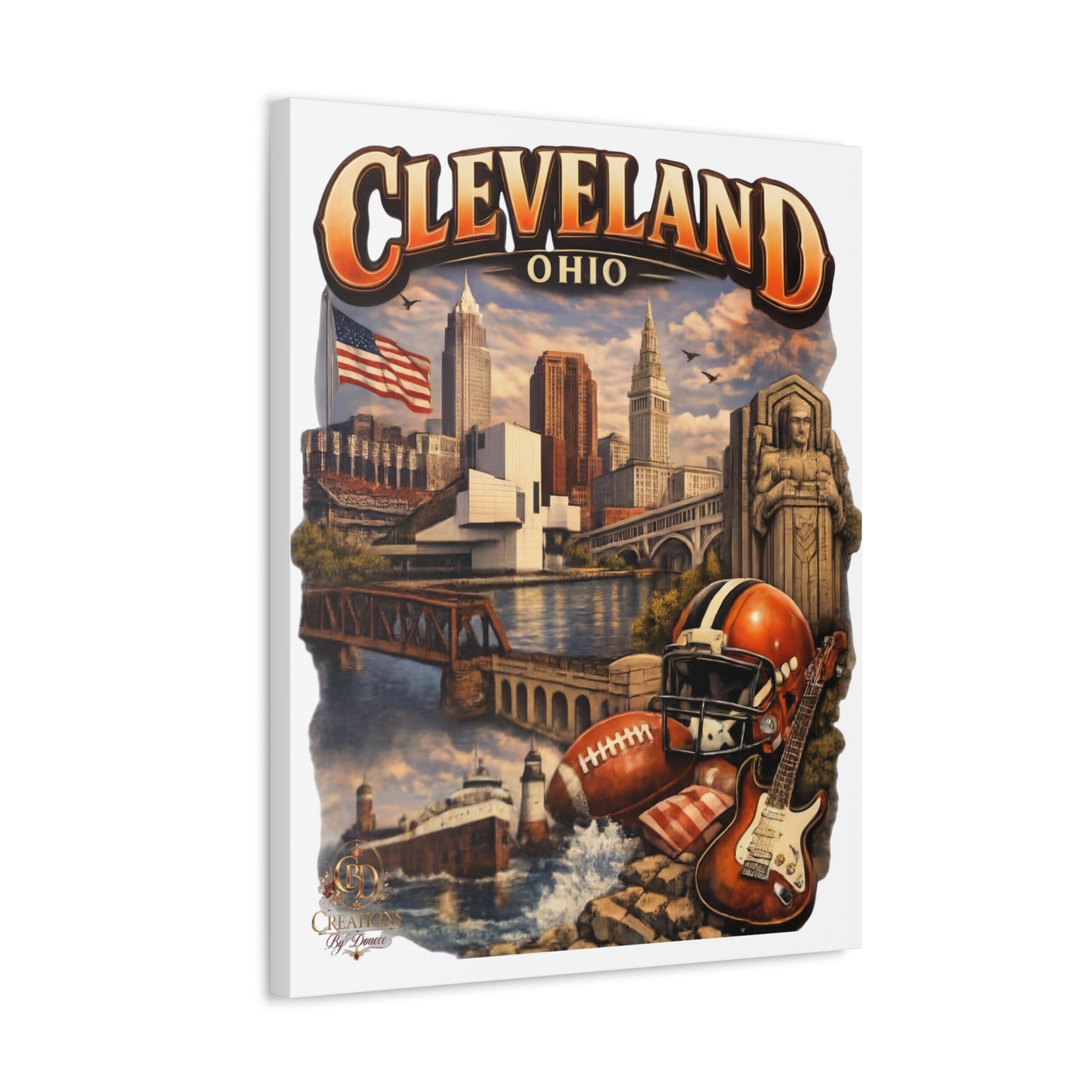 Cleveland Ohio Vintage Collage Stretched Canvas — Rock & Football City Skyline Wall Art