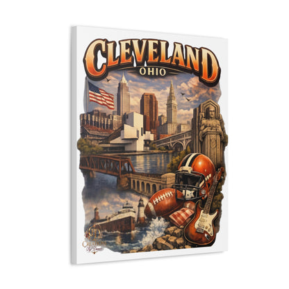 Cleveland Ohio Vintage Collage Stretched Canvas — Rock & Football City Skyline Wall Art