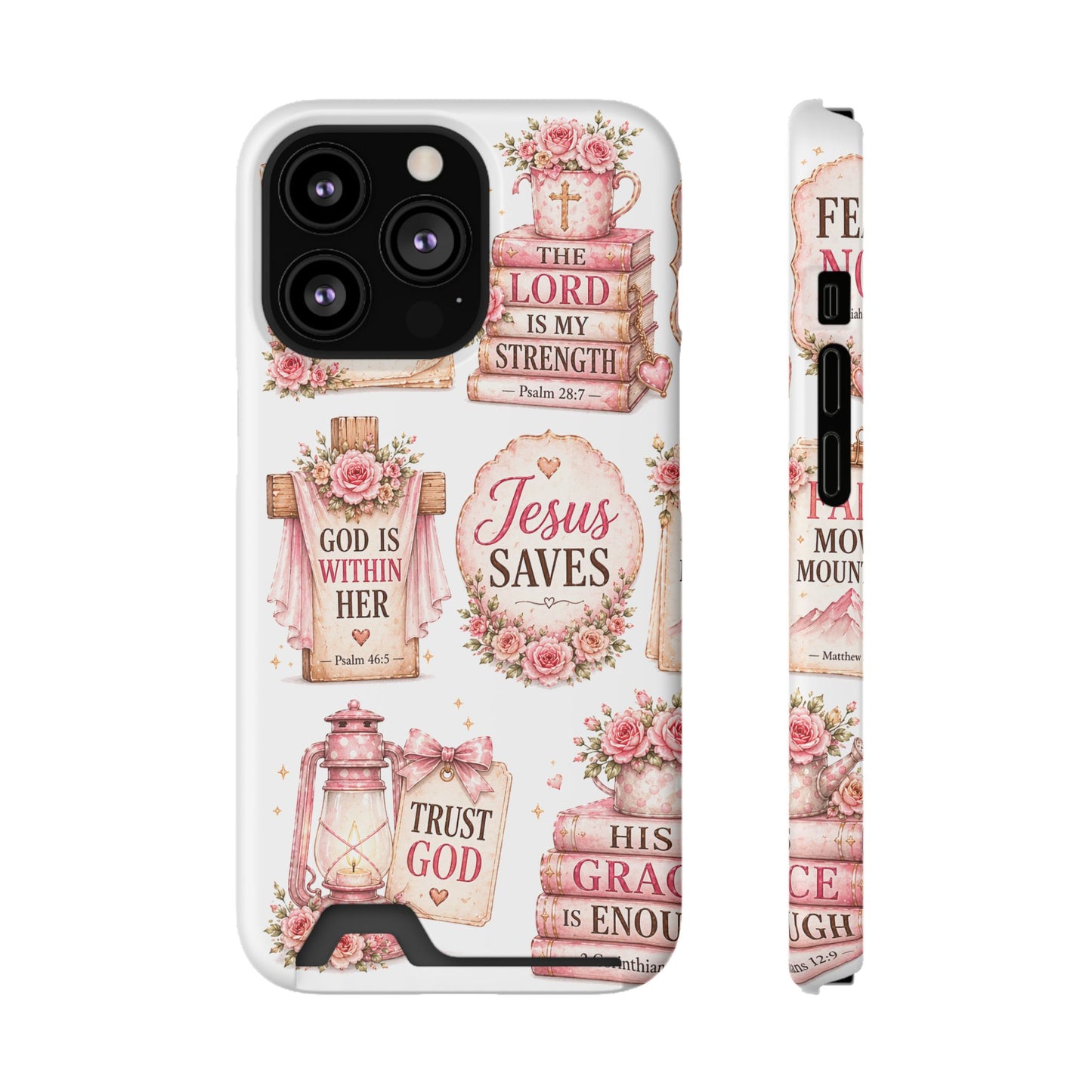 Christian Floral Phone Case with Card Holder — 'Jesus Saves' Inspirational Design
