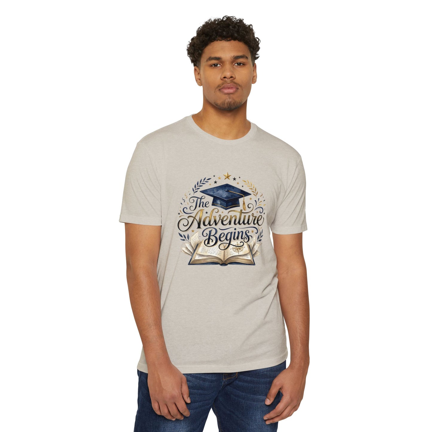 Graduation T-Shirt — "The Adventure Begins" Cap & Book Design