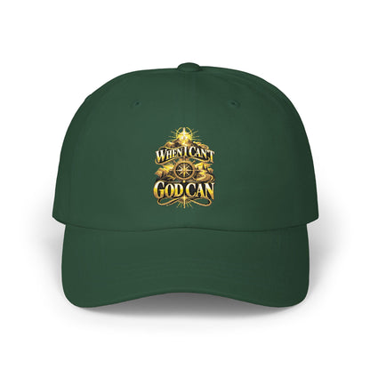 Dad Cap — Vintage Gold Crest "When I Can, God Can" Embroidered Hat