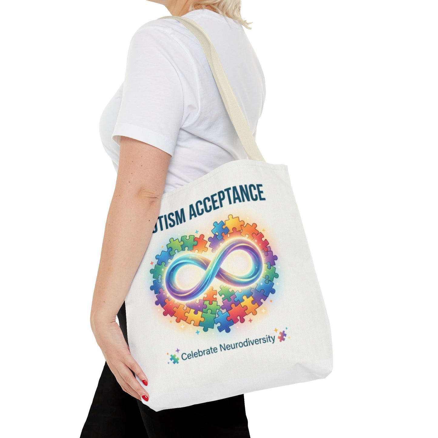 Autism Acceptance Tote Bag — Rainbow Neurodiversity Infinity Puzzle Design